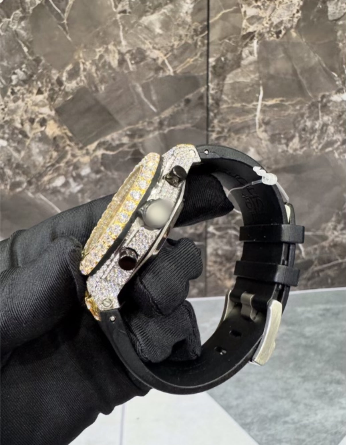1:1 GOLD ICED OUT BLACK BAND WRIST BLING
