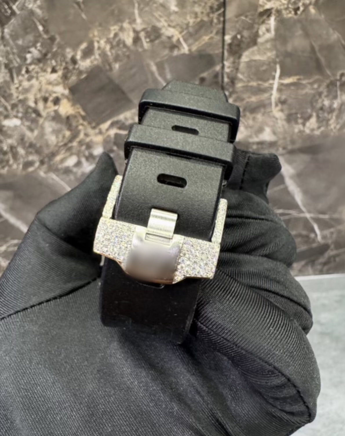 1:1 GOLD ICED OUT BLACK BAND WRIST BLING