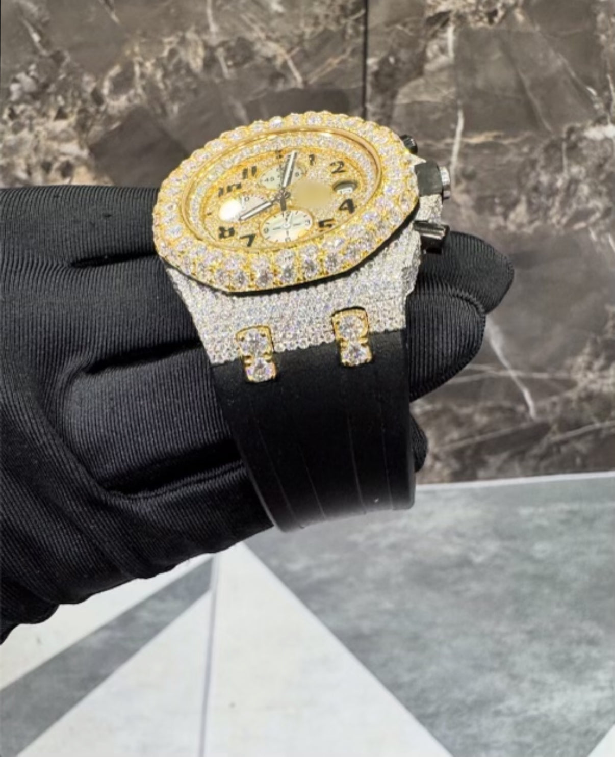 1:1 GOLD ICED OUT BLACK BAND WRIST BLING