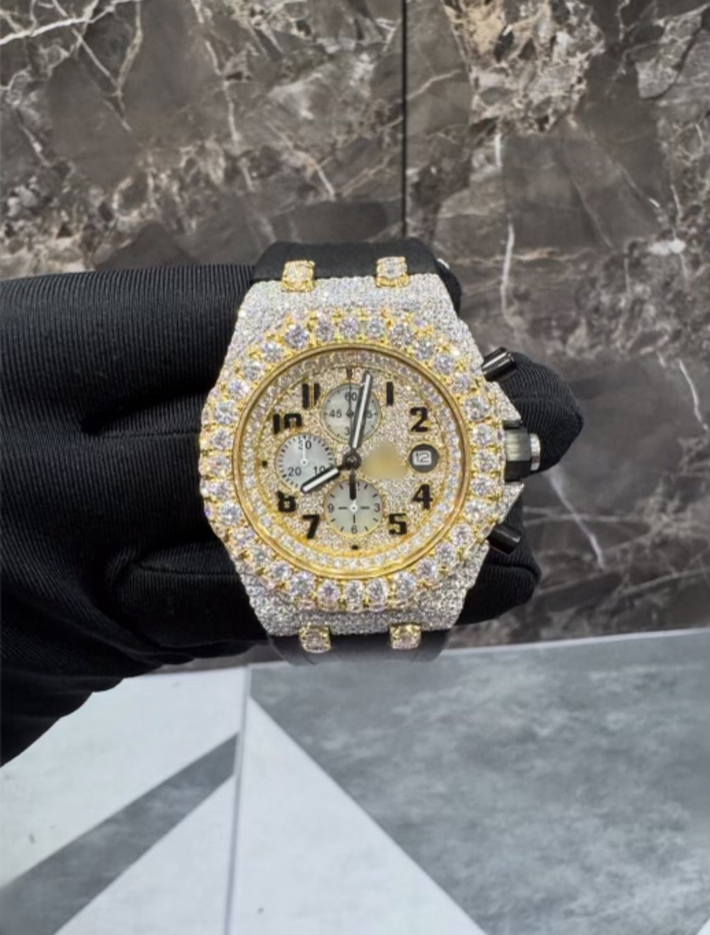 1:1 GOLD ICED OUT BLACK BAND WRIST BLING