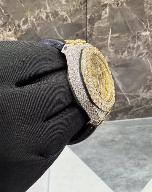 1:1 GOLD ICED OUT BLACK BAND WRIST BLING